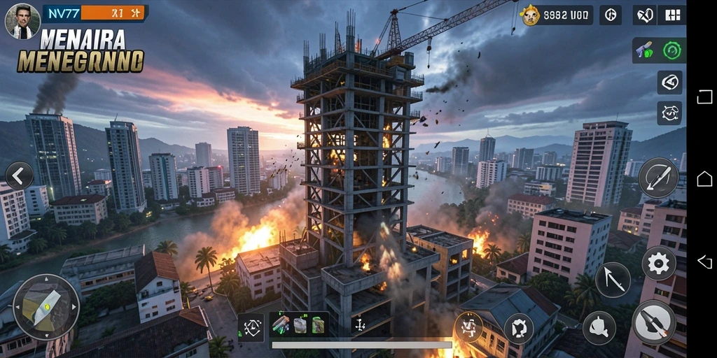 Screenshot NV77 menampilkan aksi menara pertahanan melawan gelombang musuh.